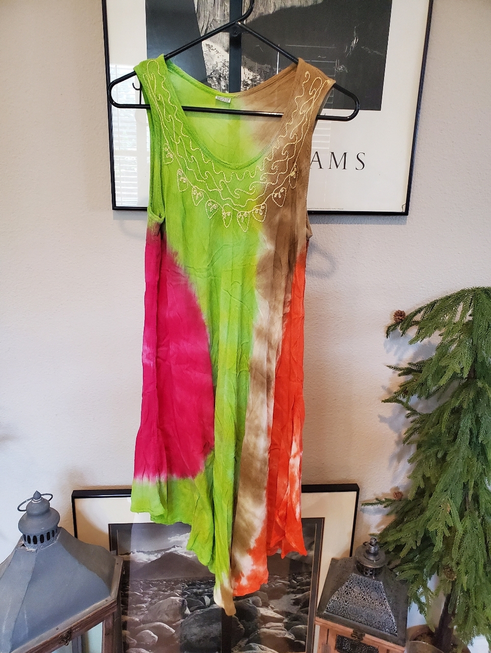 Tie-Dye Sleeveless Swing Dress in Lime, Pink & Orange